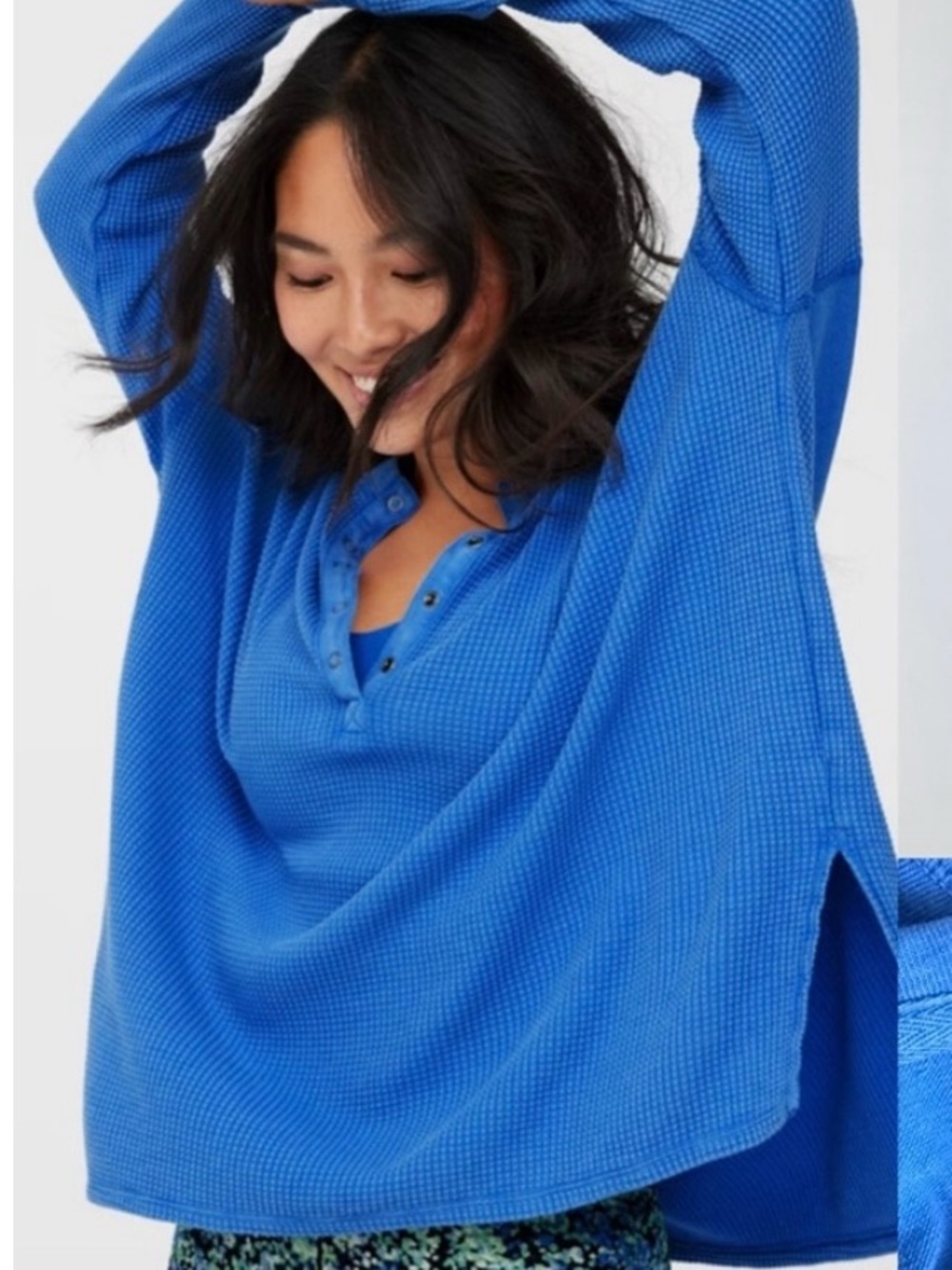 aerie Waffle Henley Sweatshirt in Bright Blue